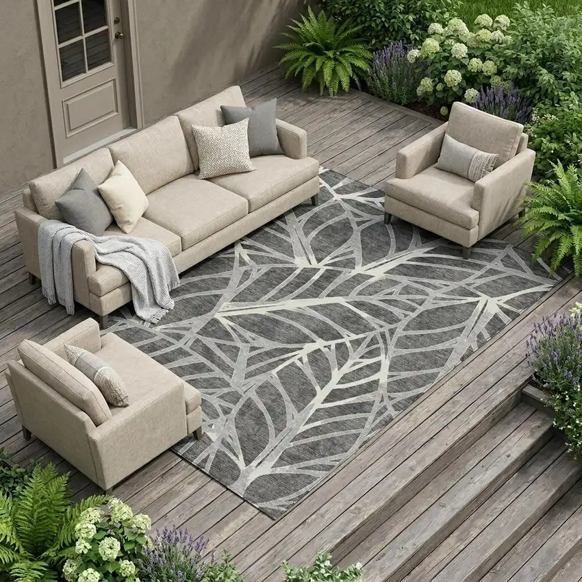 Gray And Graphite Floral Washable Indoor Outdoor Area Rug Photo 1
