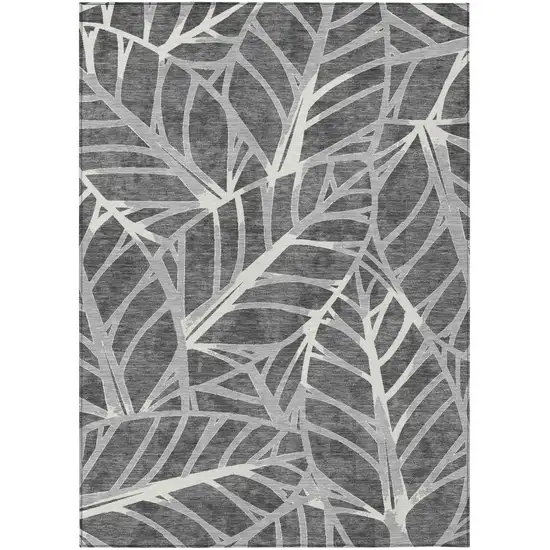 Gray And Graphite Floral Washable Indoor Outdoor Area Rug Photo 2