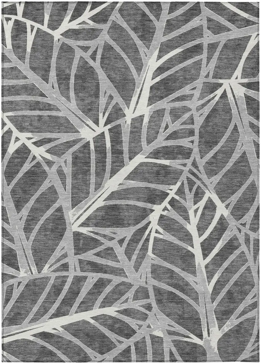 Gray And Graphite Floral Washable Indoor Outdoor Area Rug Photo 2