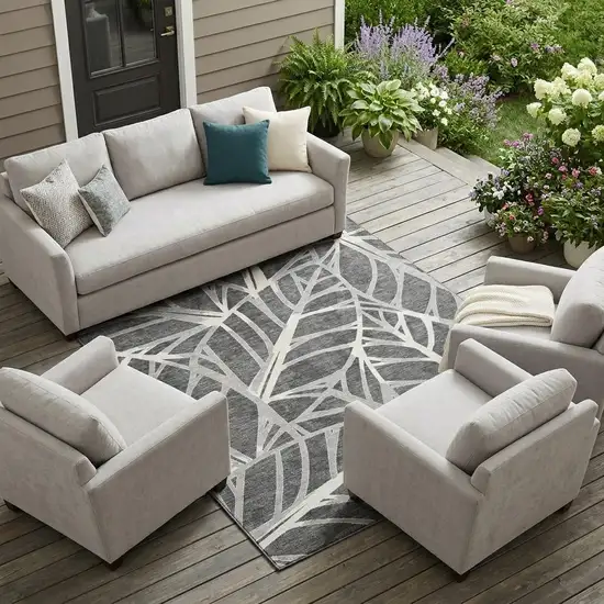 Gray And Graphite Floral Washable Indoor Outdoor Area Rug Photo 1