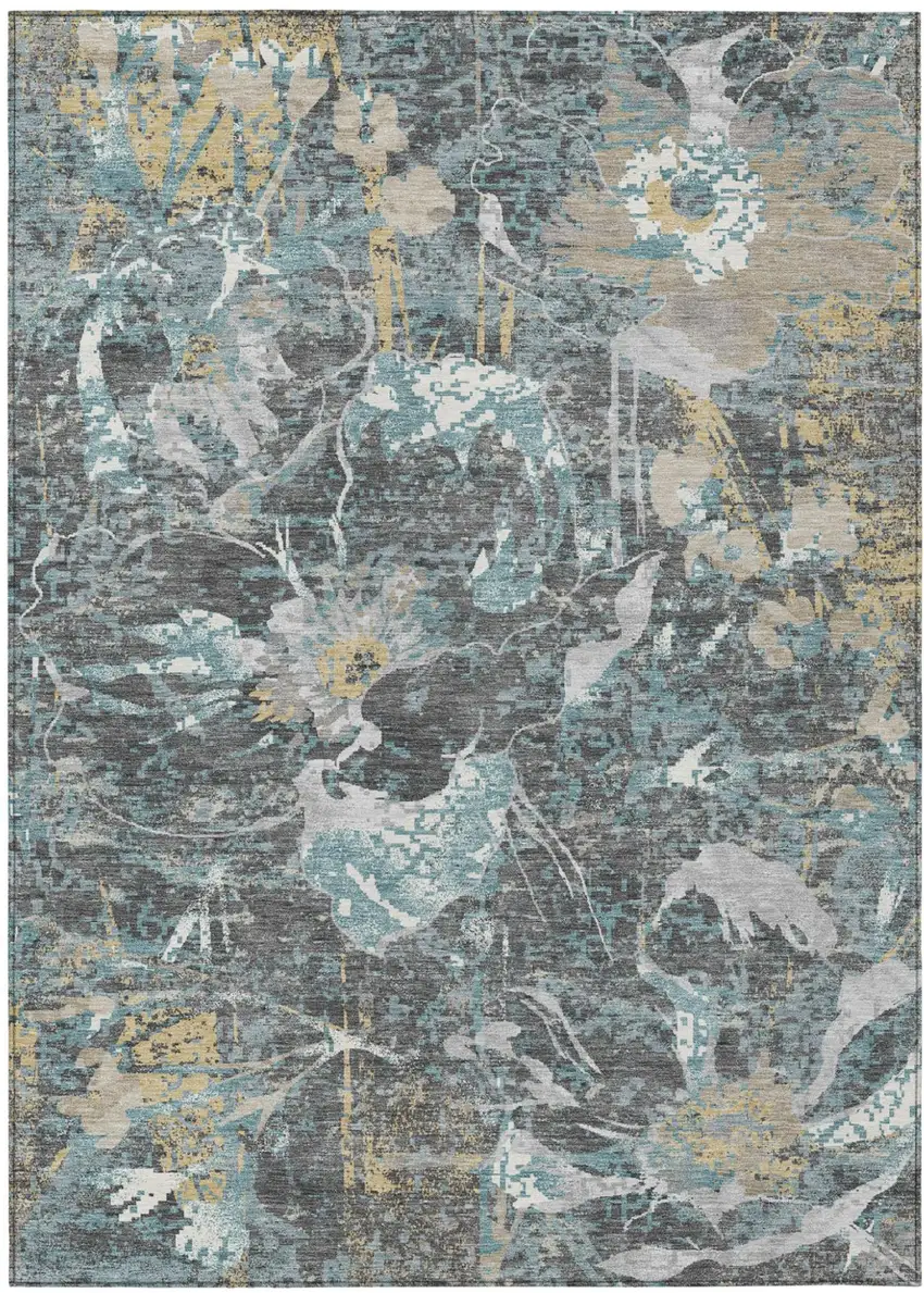 Gray And Graphite Floral Washable Indoor Outdoor Area Rug Photo 2