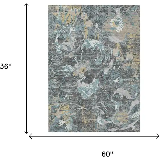Gray And Graphite Floral Washable Indoor Outdoor Area Rug Photo 6