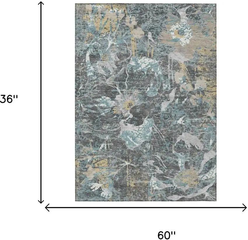 Gray And Graphite Floral Washable Indoor Outdoor Area Rug Photo 6