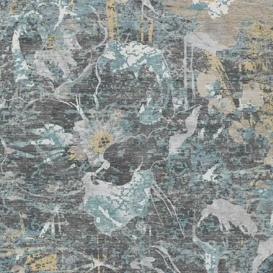 Gray And Graphite Floral Washable Indoor Outdoor Area Rug Photo 1