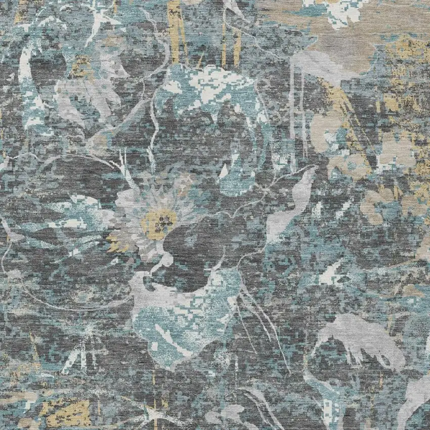 Gray And Graphite Floral Washable Indoor Outdoor Area Rug Photo 1