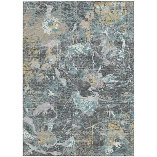 Gray And Graphite Floral Washable Indoor Outdoor Area Rug Photo 3