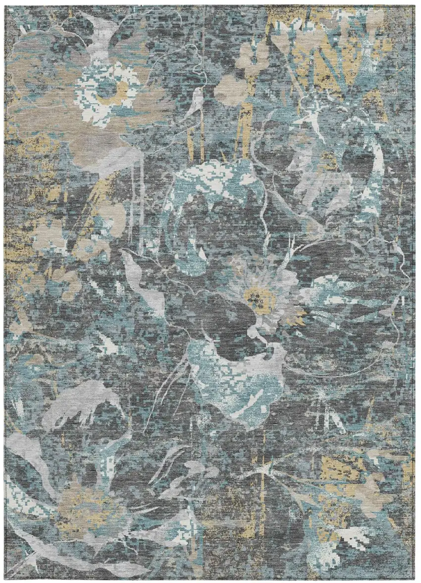 Gray And Graphite Floral Washable Indoor Outdoor Area Rug Photo 3
