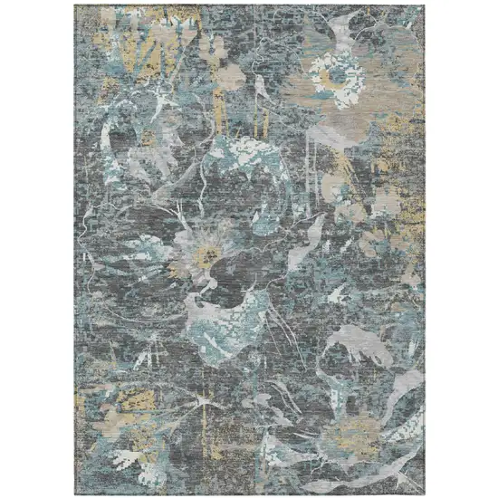 Gray And Graphite Floral Washable Indoor Outdoor Area Rug Photo 2
