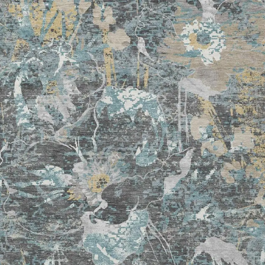 Gray And Graphite Floral Washable Indoor Outdoor Area Rug Photo 2
