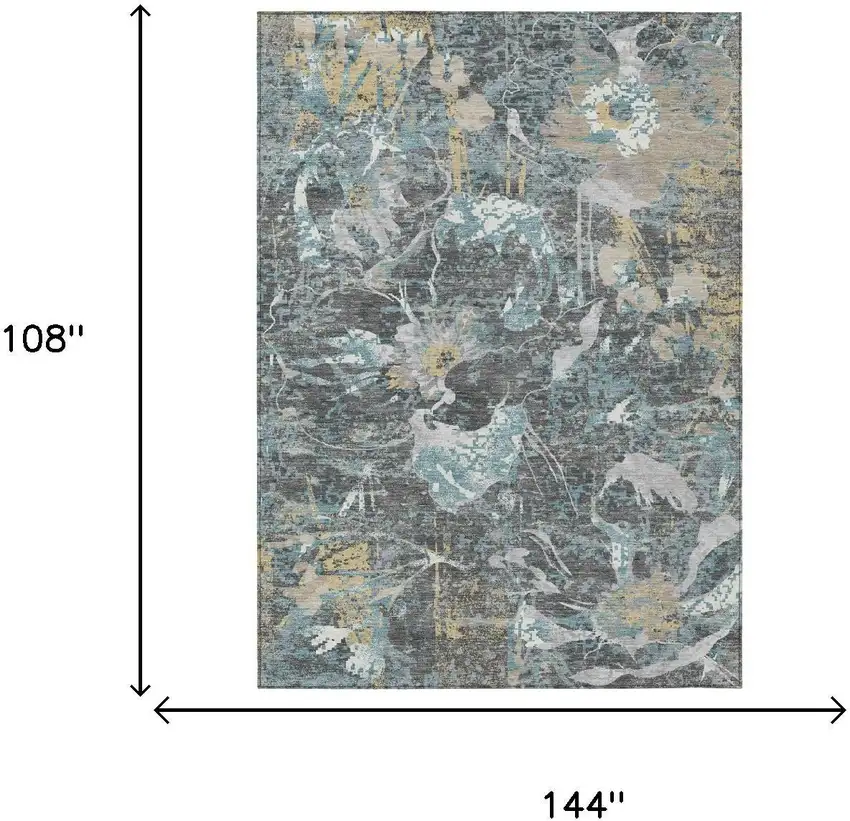 Gray And Graphite Floral Washable Indoor Outdoor Area Rug Photo 6