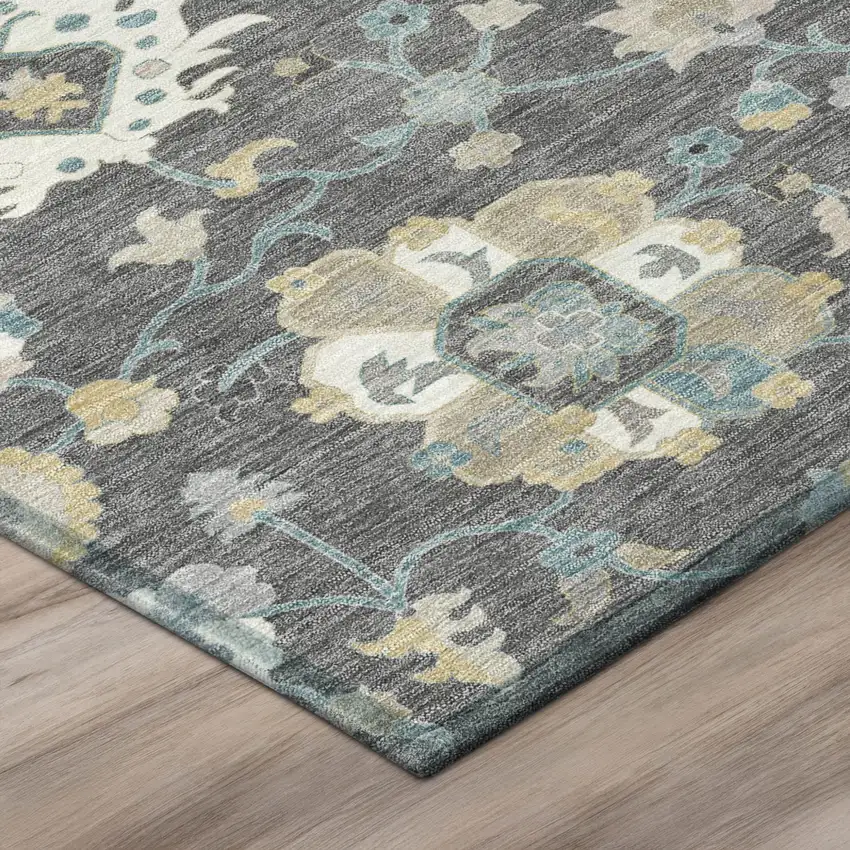 Gray And Graphite Floral Washable Indoor Outdoor Area Rug Photo 4