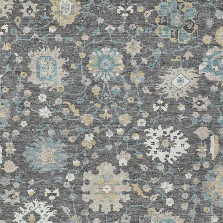 Gray And Graphite Floral Washable Indoor Outdoor Area Rug Photo 2