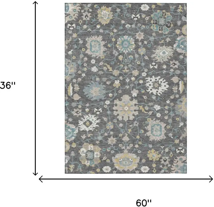 Gray And Graphite Floral Washable Indoor Outdoor Area Rug Photo 6