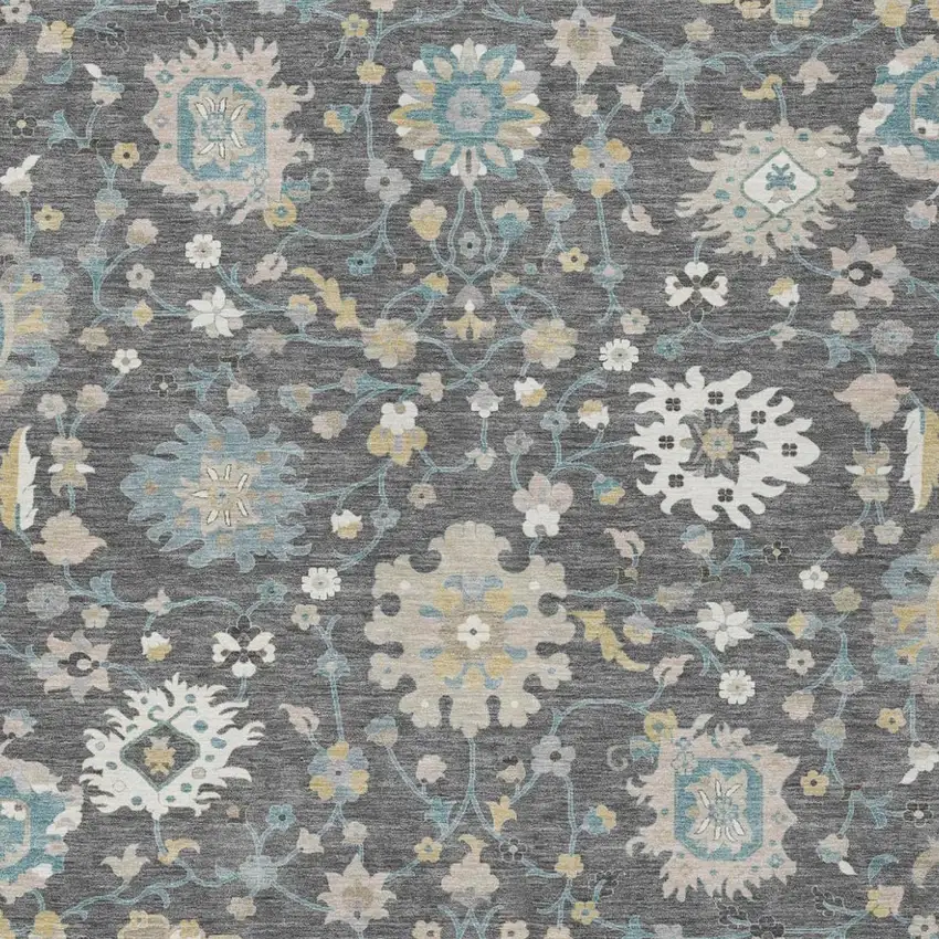 Gray And Graphite Floral Washable Indoor Outdoor Area Rug Photo 3