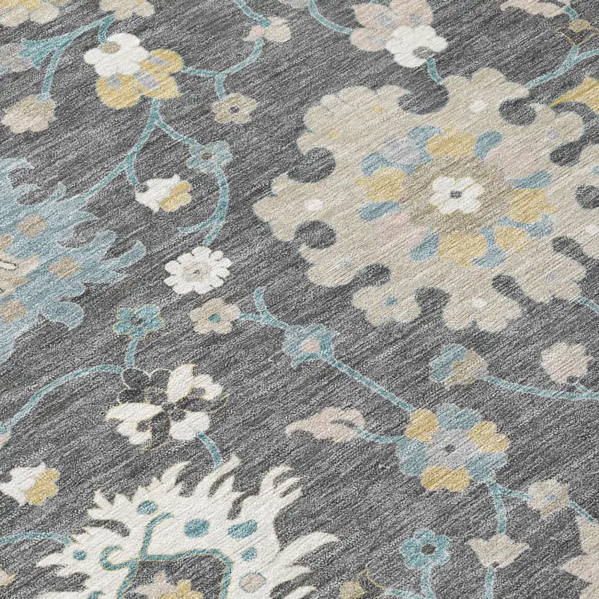 Gray And Graphite Floral Washable Indoor Outdoor Area Rug Photo 5