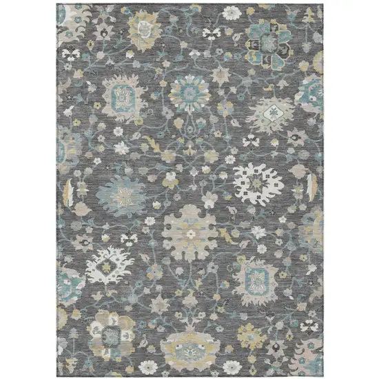 Gray And Graphite Floral Washable Indoor Outdoor Area Rug Photo 1