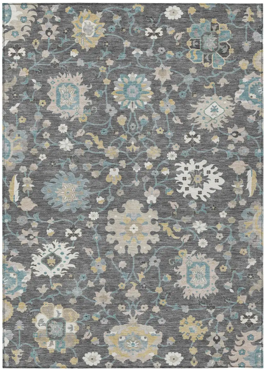 Gray And Graphite Floral Washable Indoor Outdoor Area Rug Photo 1