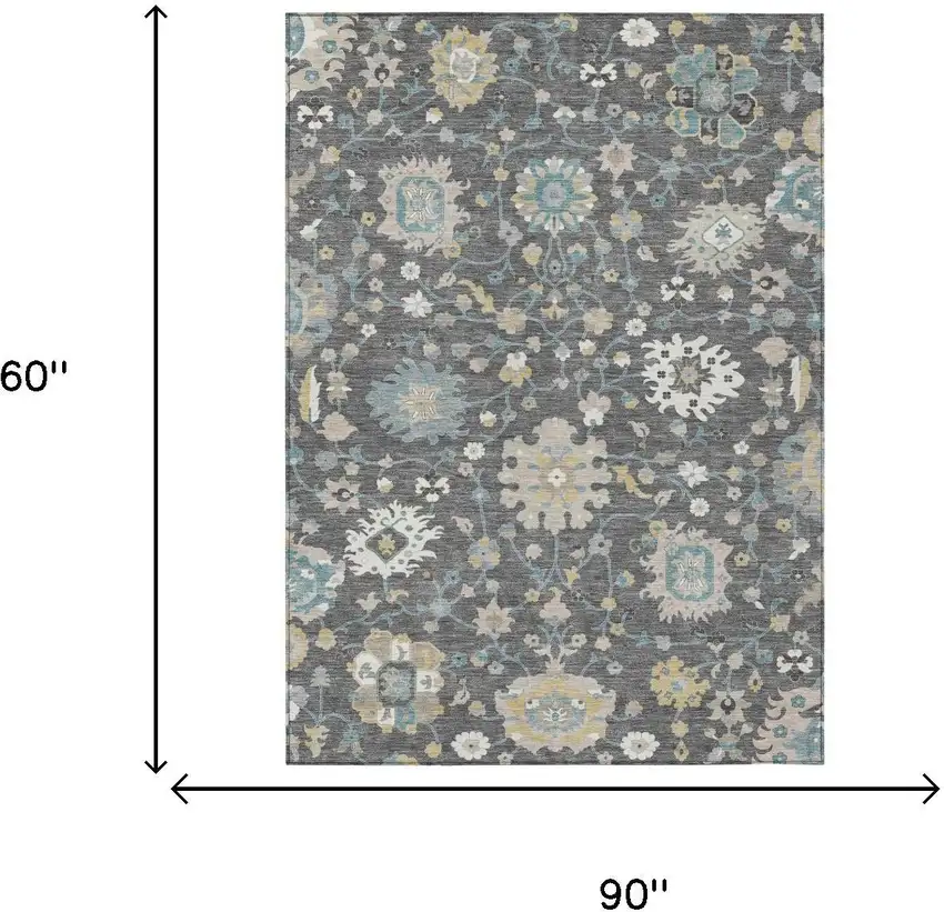 Gray And Graphite Floral Washable Indoor Outdoor Area Rug Photo 6