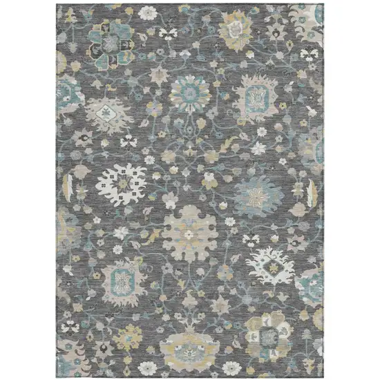 Gray And Graphite Floral Washable Indoor Outdoor Area Rug Photo 3
