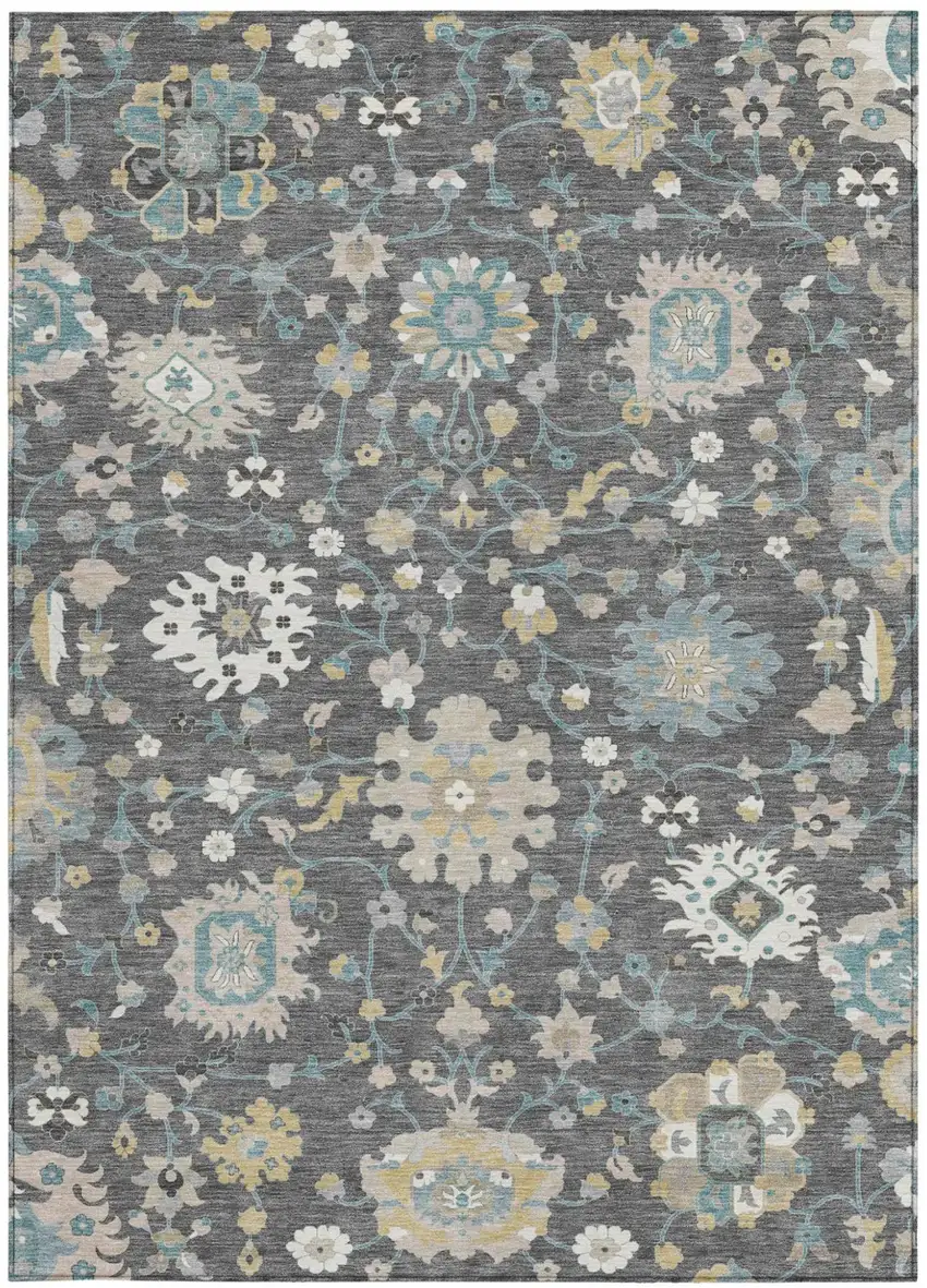 Gray And Graphite Floral Washable Indoor Outdoor Area Rug Photo 3