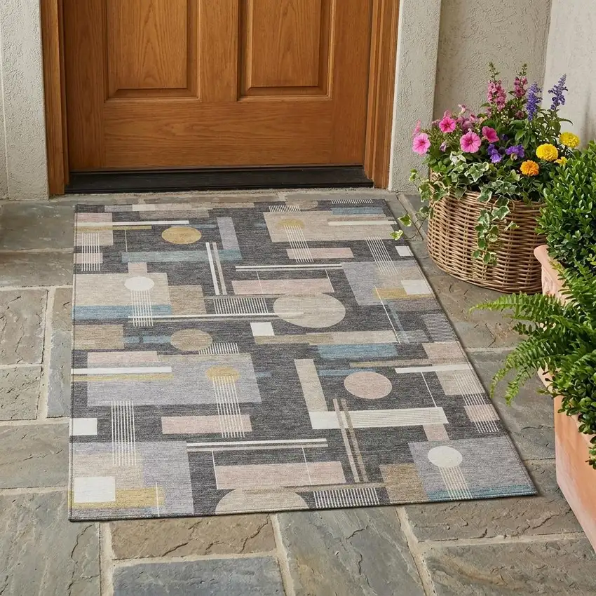 Gray And Graphite Geometric Washable Indoor Outdoor Area Rug Photo 1