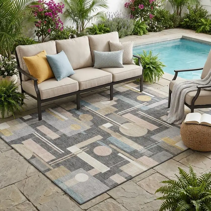 Gray And Graphite Geometric Washable Indoor Outdoor Area Rug Photo 1