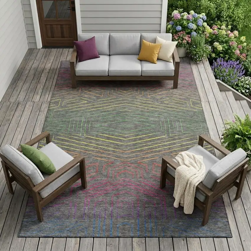 Gray And Graphite Geometric Washable Indoor Outdoor Area Rug Photo 1