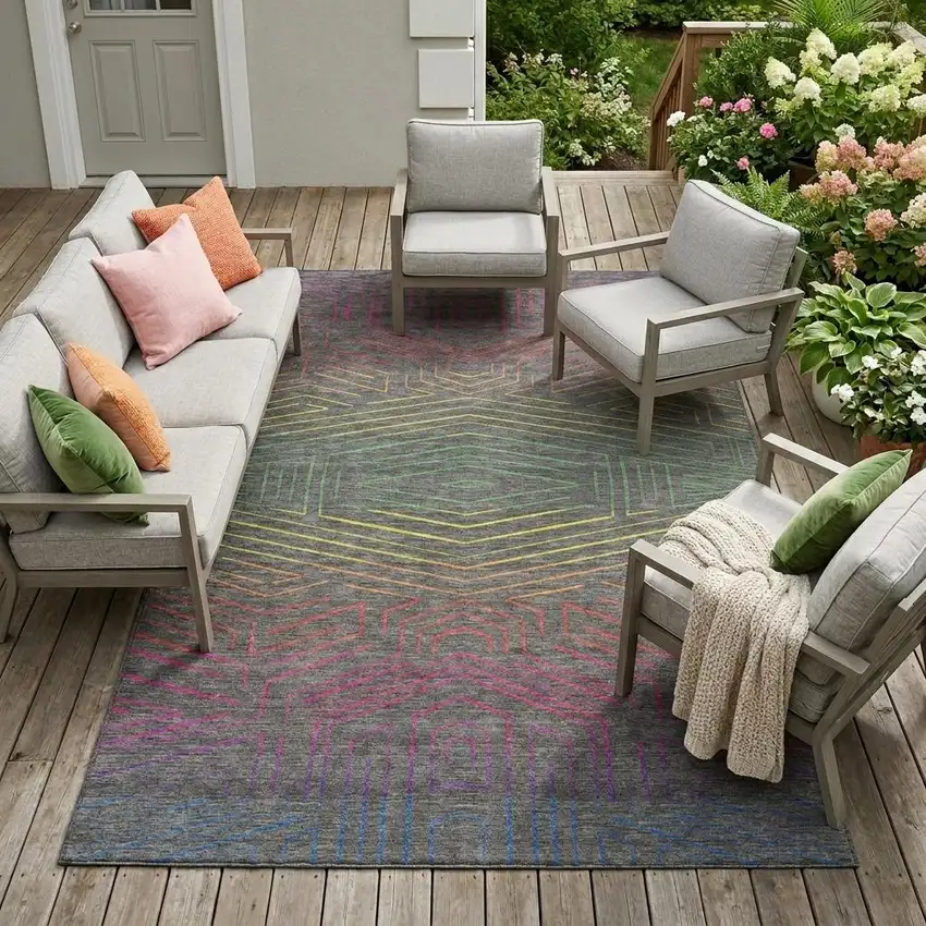 Gray And Graphite Geometric Washable Indoor Outdoor Area Rug Photo 1