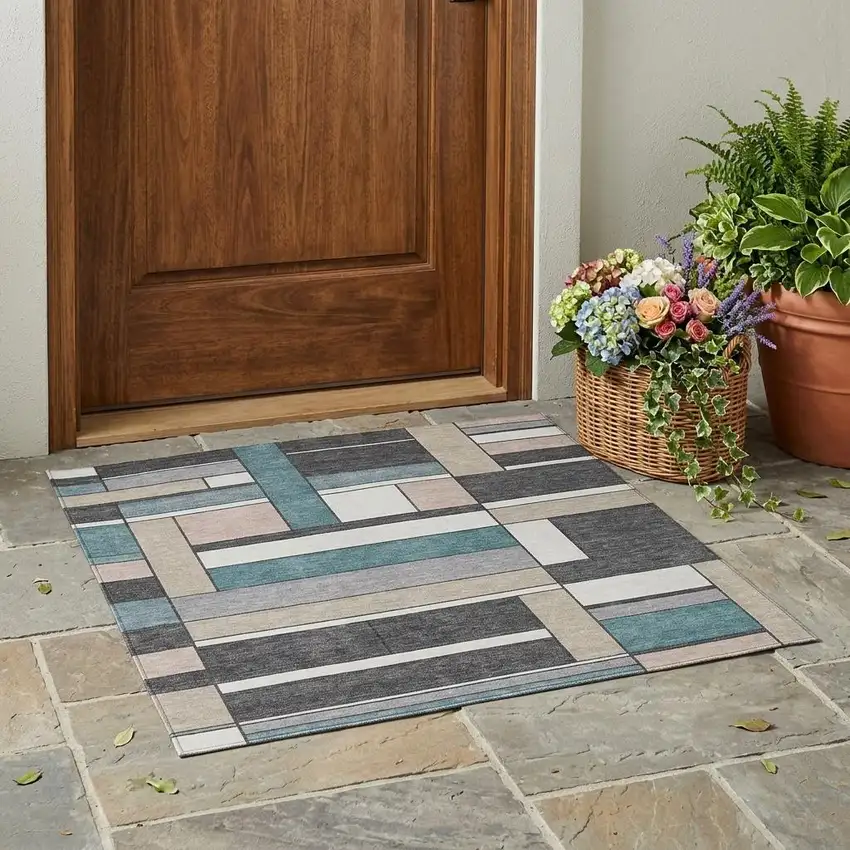 Gray And Graphite Geometric Washable Indoor Outdoor Area Rug Photo 1