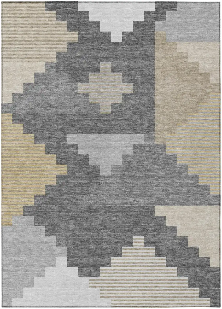 Gray And Graphite Geometric Washable Indoor Outdoor Area Rug Photo 2