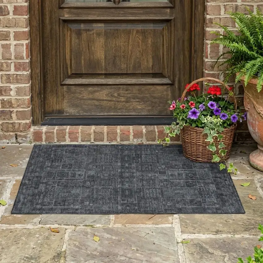 Gray And Graphite Oriental Washable Indoor Outdoor Area Rug Photo 1