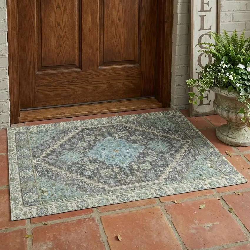Gray And Graphite Oriental Washable Indoor Outdoor Area Rug Photo 1