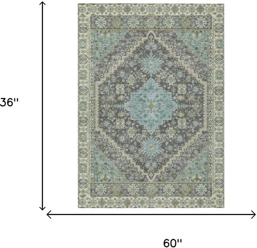 Gray And Graphite Oriental Washable Indoor Outdoor Area Rug Photo 4