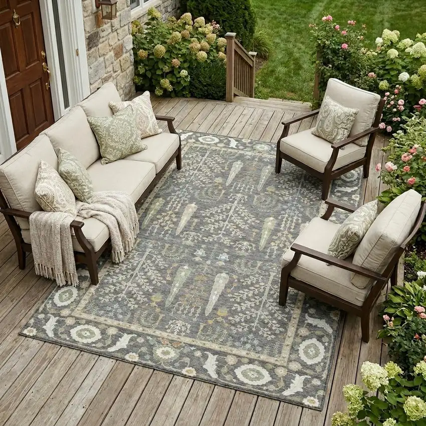 Gray And Graphite Oriental Washable Indoor Outdoor Area Rug Photo 1