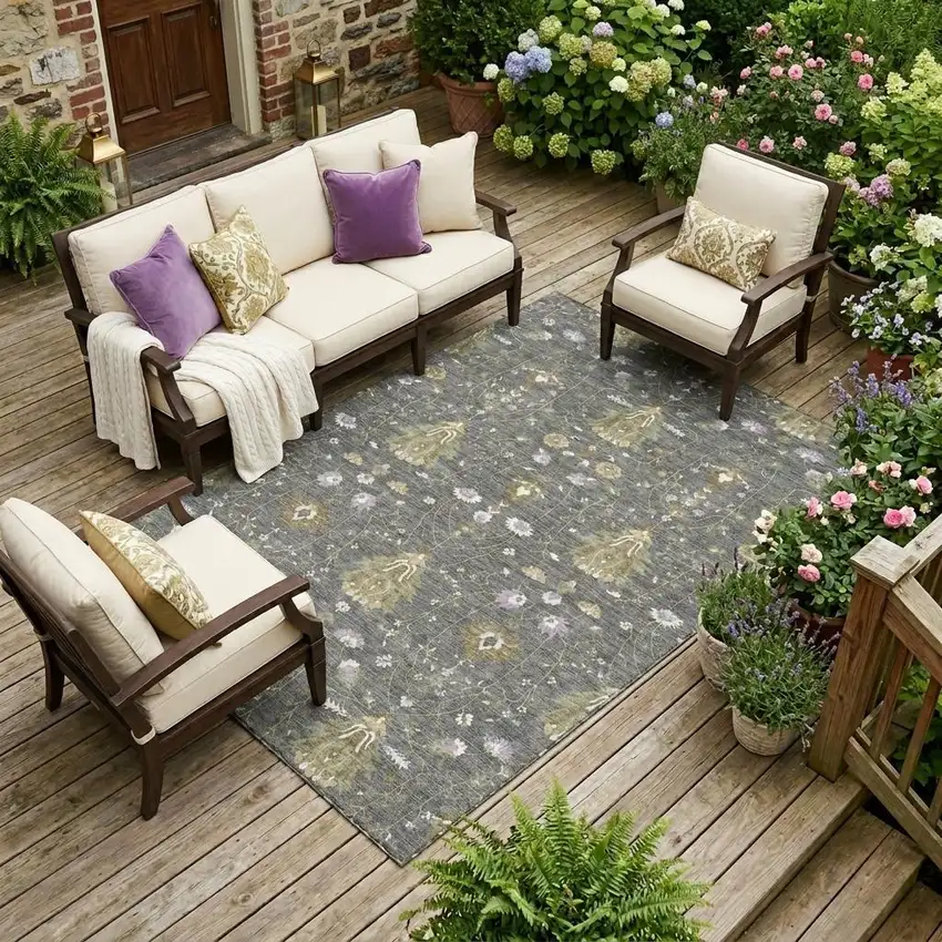 Gray And Graphite Oriental Washable Indoor Outdoor Area Rug Photo 1