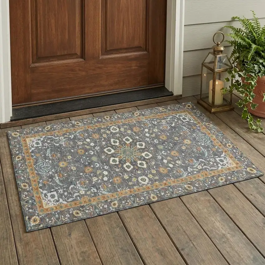 Gray And Graphite Oriental Washable Indoor Outdoor Area Rug Photo 1