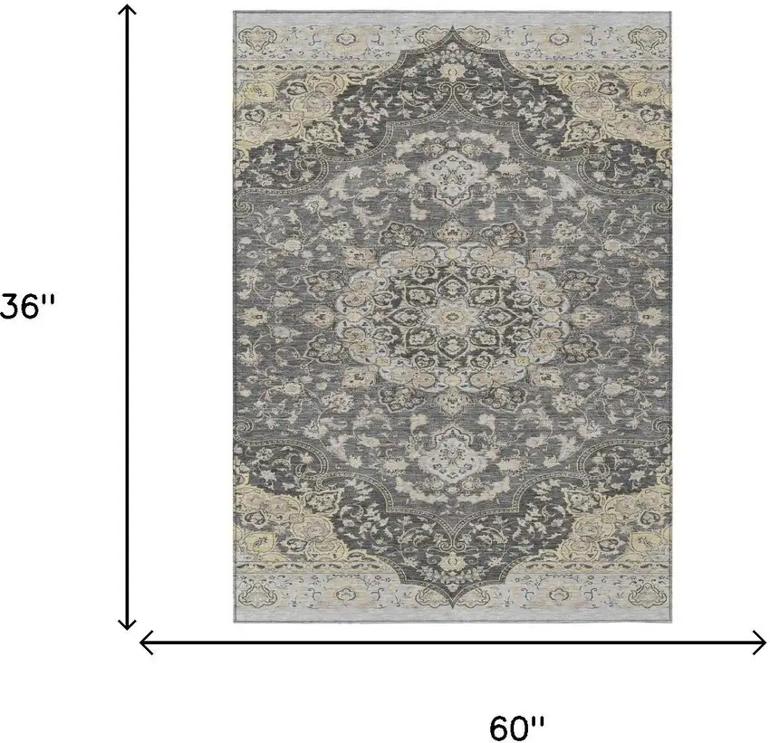 Gray And Graphite Oriental Washable Indoor Outdoor Area Rug Photo 5
