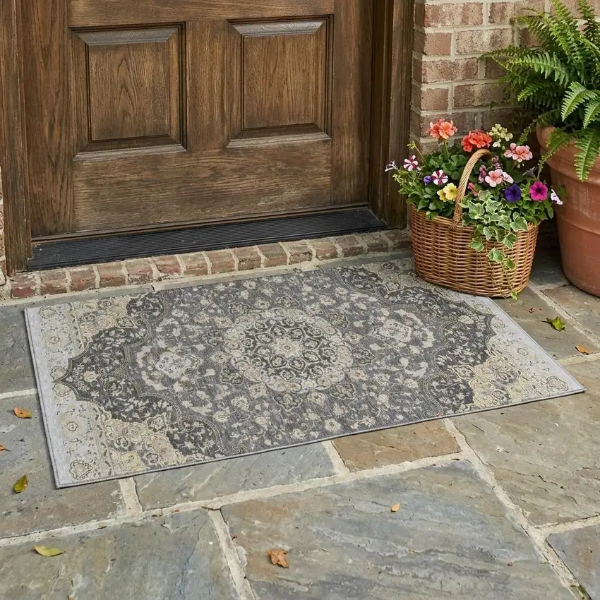 Gray And Graphite Oriental Washable Indoor Outdoor Area Rug Photo 1
