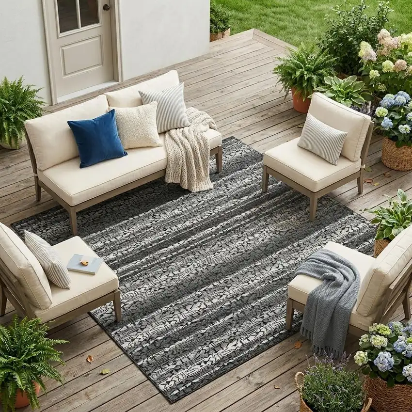 Gray And Graphite Striped Washable Indoor Outdoor Area Rug Photo 1