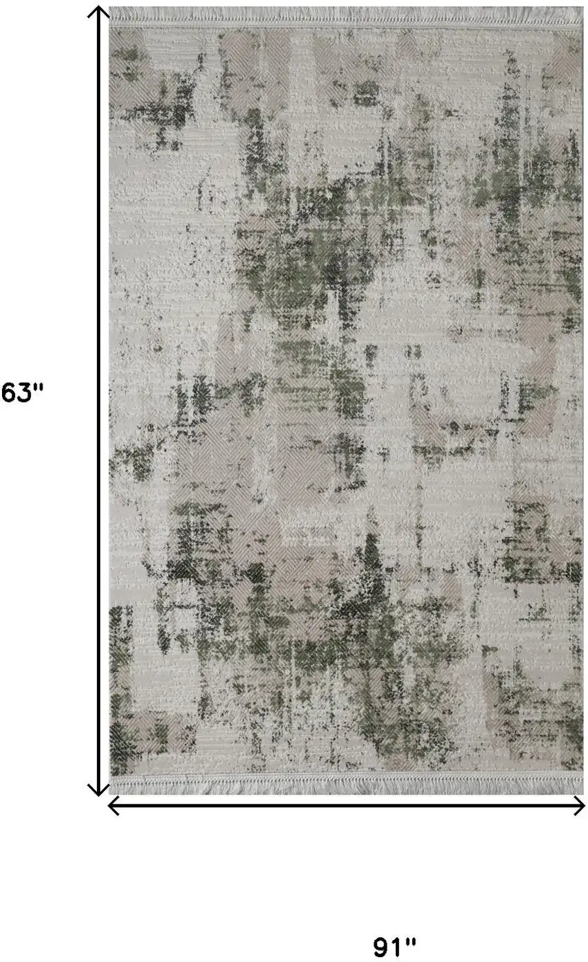 Gray And Green Abstract Distressed Area Rug With Fringe Photo 6