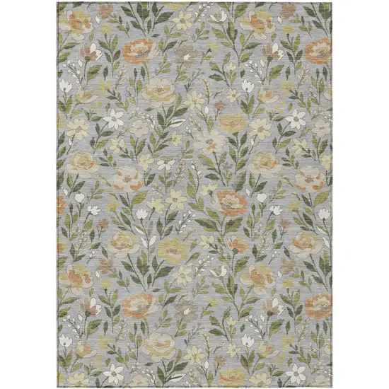 Gray And Green Floral Washable Indoor Outdoor Area Rug Photo 1