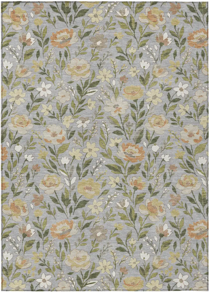 Gray And Green Floral Washable Indoor Outdoor Area Rug Photo 1