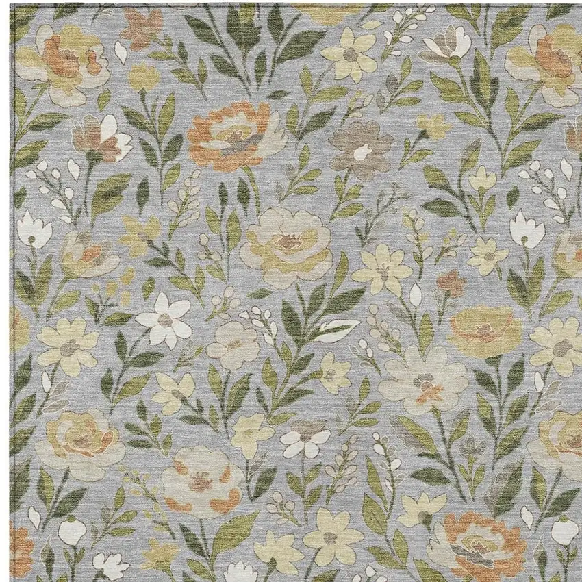 Gray And Green Floral Washable Indoor Outdoor Area Rug Photo 2