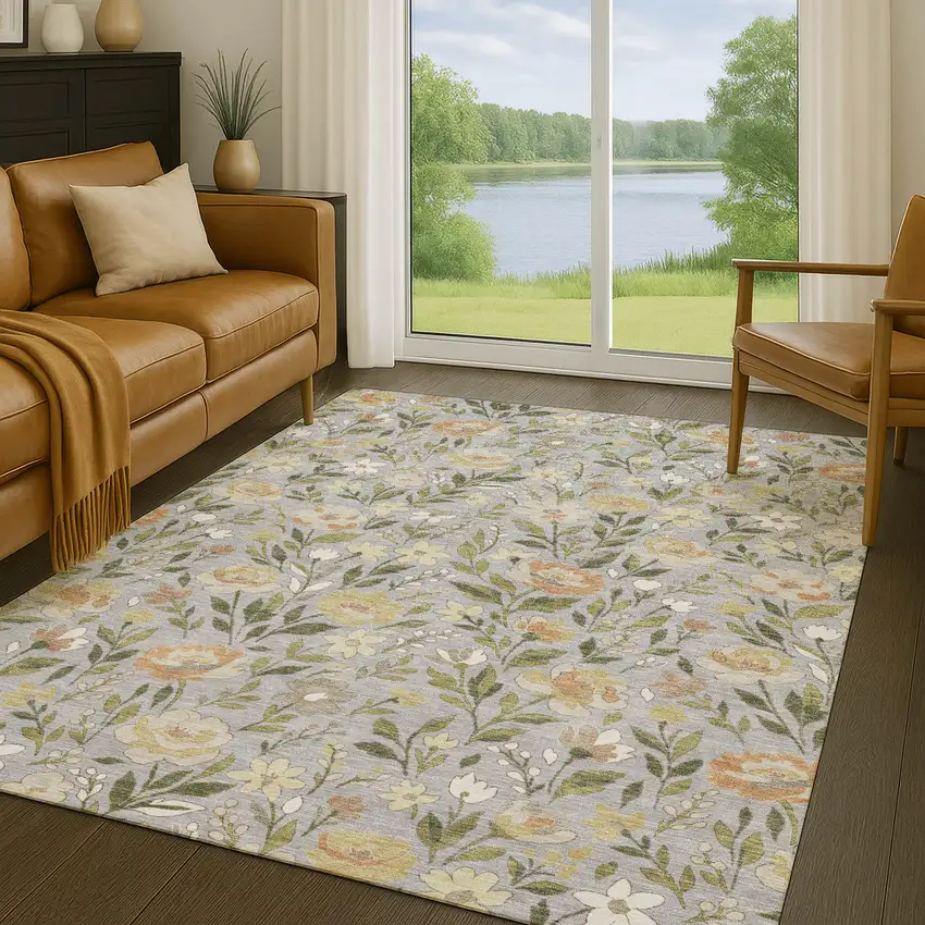 Gray And Green Floral Washable Indoor Outdoor Area Rug Photo 5