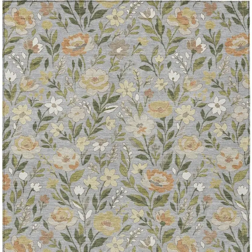 Gray And Green Floral Washable Indoor Outdoor Area Rug Photo 3