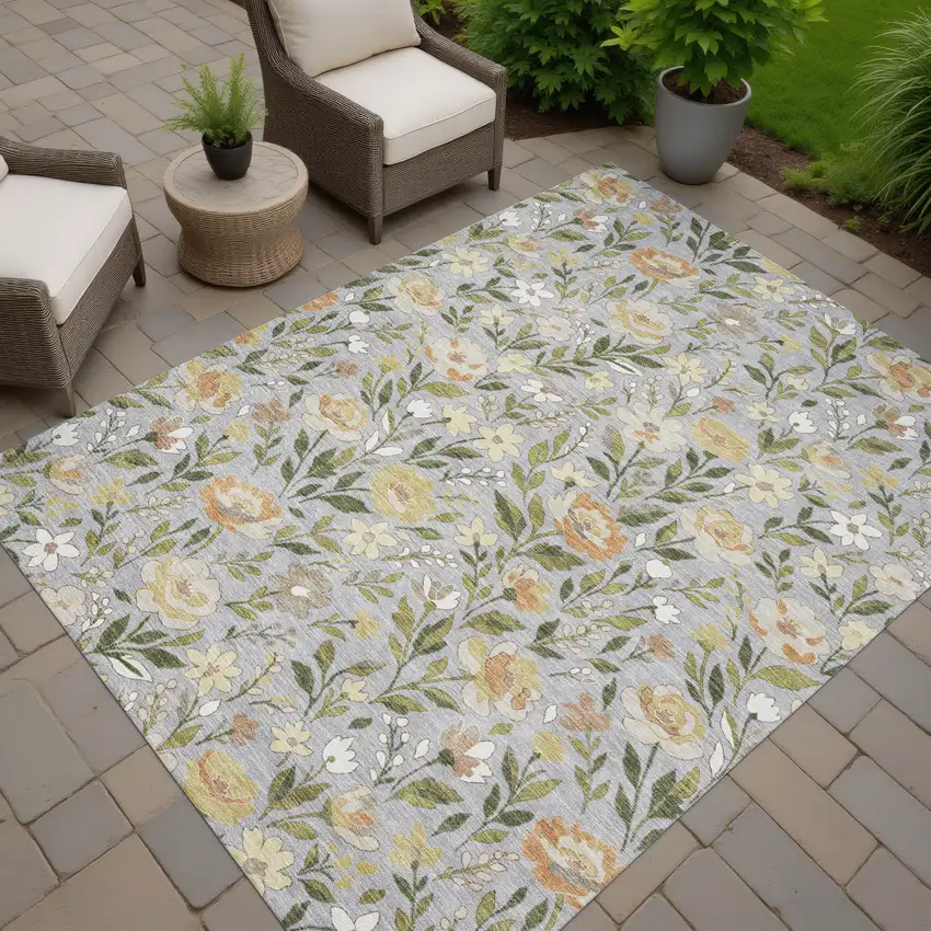 Gray And Green Floral Washable Indoor Outdoor Area Rug Photo 7
