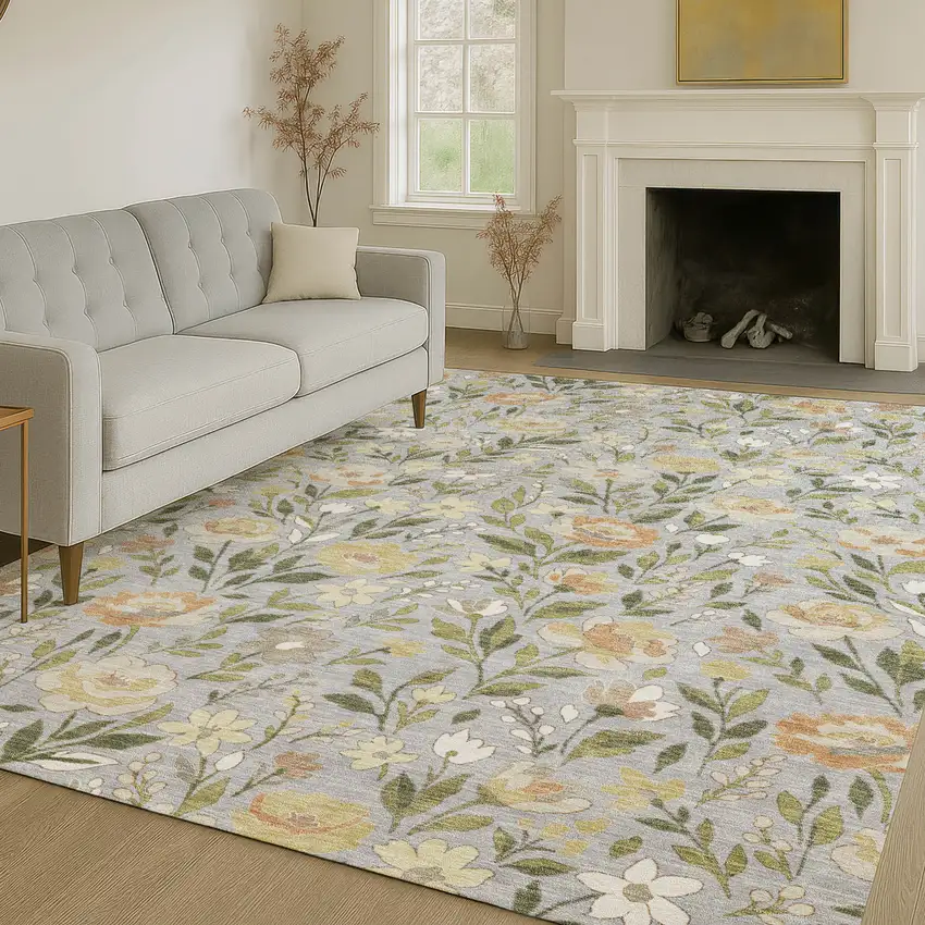 Gray And Green Floral Washable Indoor Outdoor Area Rug Photo 6