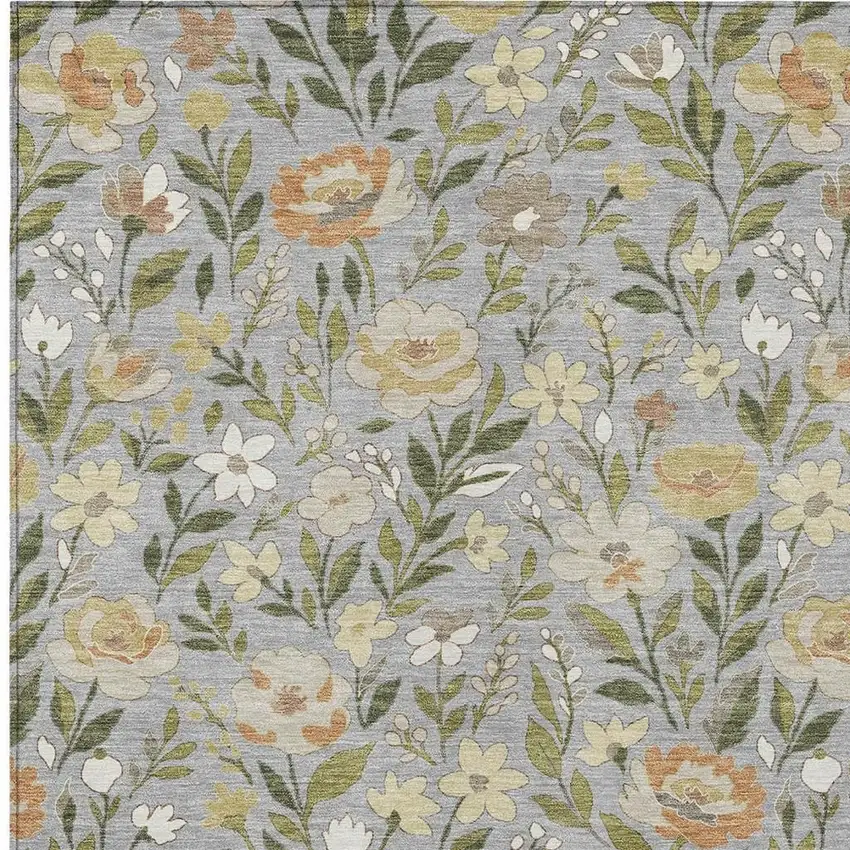 Gray And Green Floral Washable Indoor Outdoor Area Rug Photo 2