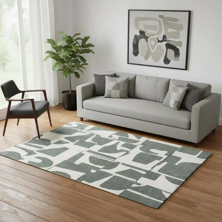 Gray And Green Geometric Washable Area Rug Photo 1