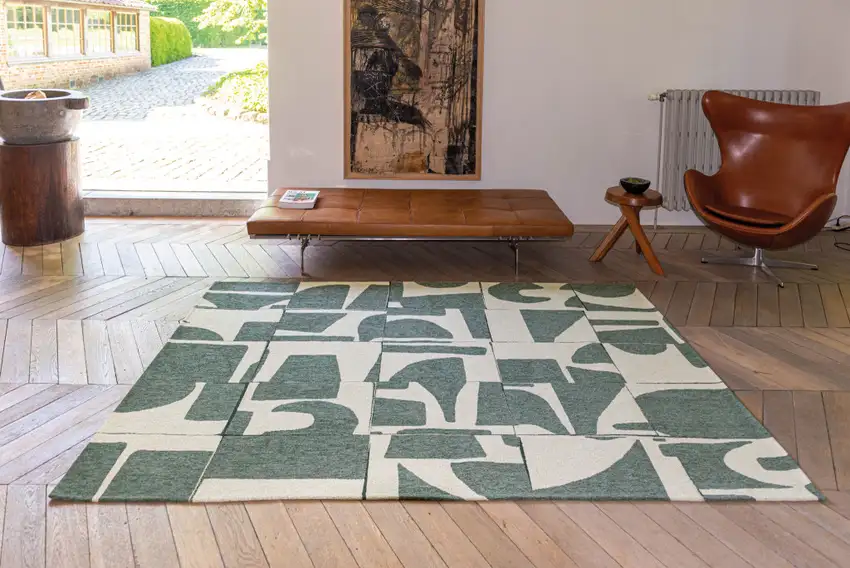 Gray And Green Geometric ,Washable, Non Skid Area Rug Photo 3